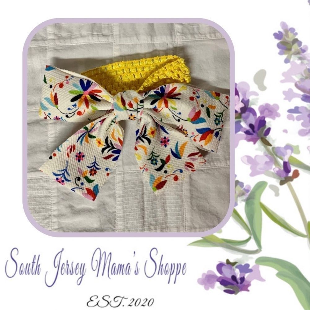 Infant Headband Yellow Band White Bright Folk Art Floral Bow Size Newborn B292